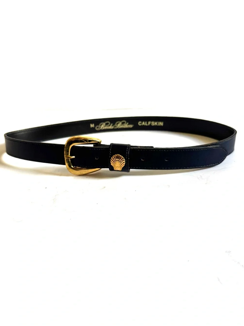 Vtg Brooks Brothers Navy Blue Calfskin Leather Belt M Gold Shell Coastal Preppy